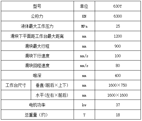 630吨四柱液压机技术参数